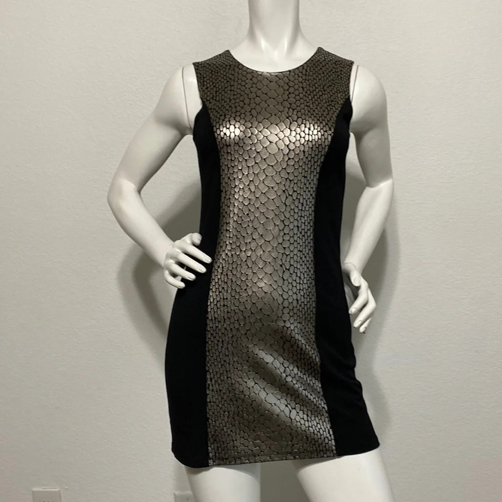 Nicole Miller Black Metallic Faux Leather Sheath Dress Size L